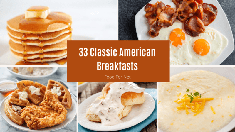 A collection of delicious American breakfast foods, like biscuits and gravy, pancakes, eggs, and grits