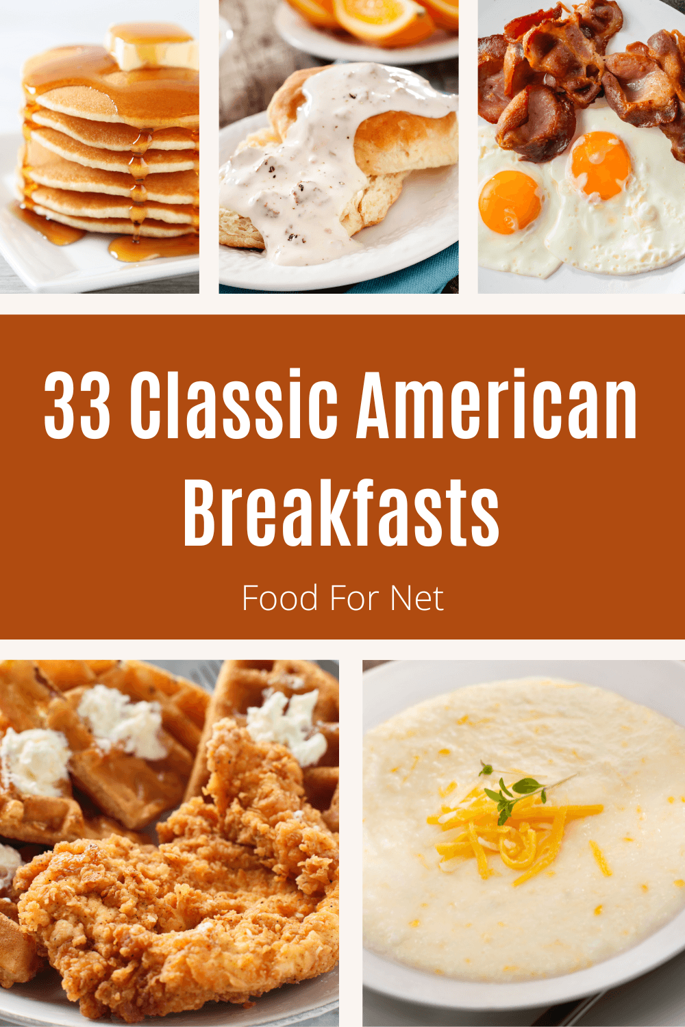 A collection of delicious American breakfast foods, like biscuits and gravy, pancakes, eggs, and grits