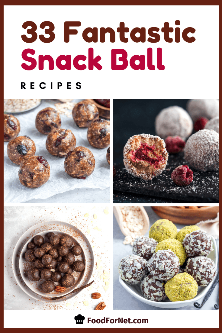 four snack balls including oats and cranberries, raspberry, chocolate cinnamon, and coconut chocolate