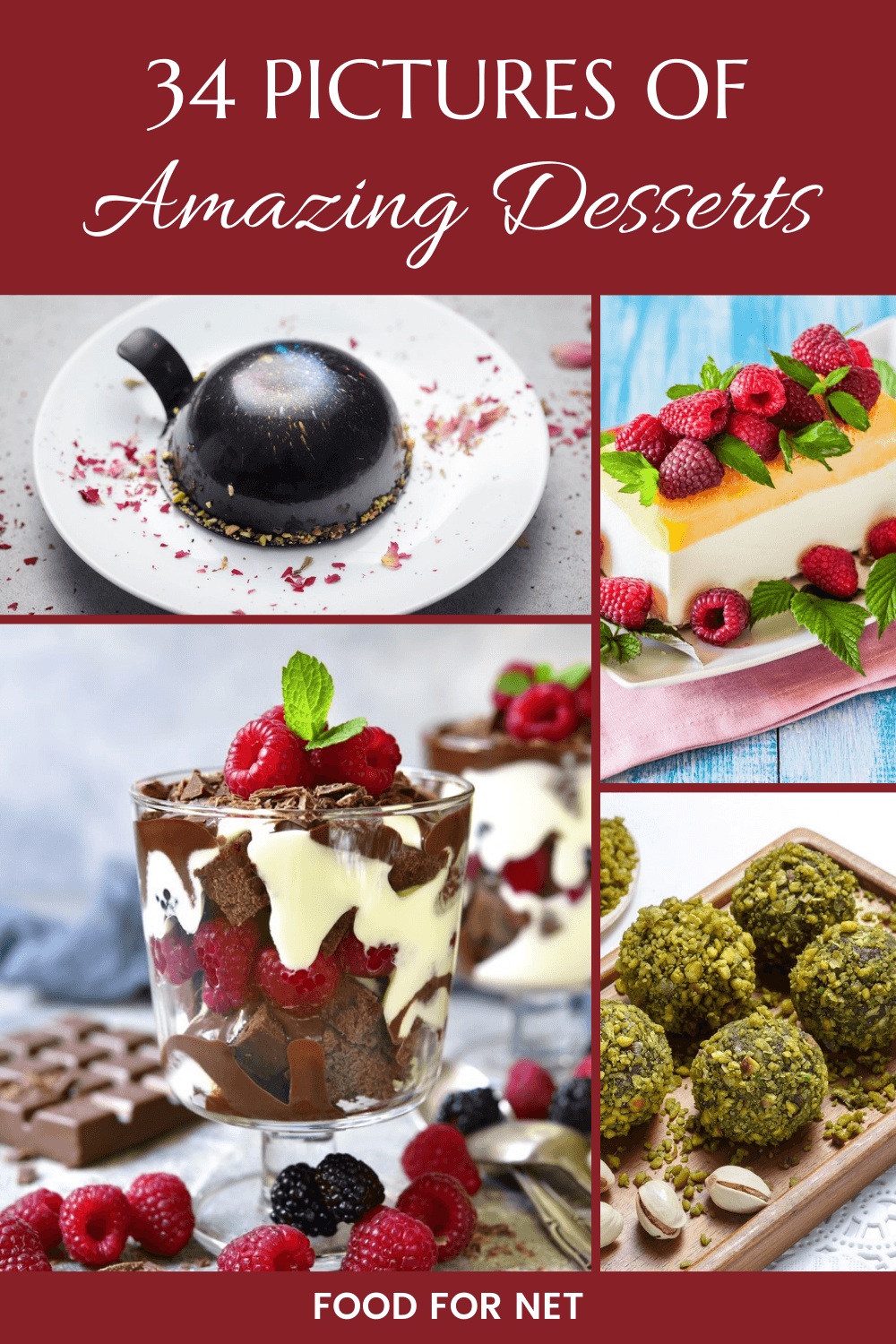 Four delicious desserts, including a mirror mousse, a frozen lemon dessert, pistachio truffles, and a chocolate brownie trifle