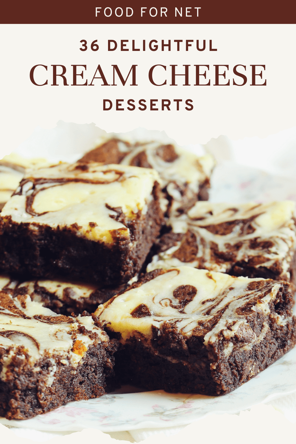 Desserts With Cream Cheese. A pile of chocolate cream cheese swirl brownies or fudge, highlighting the idea of cream cheese desserts