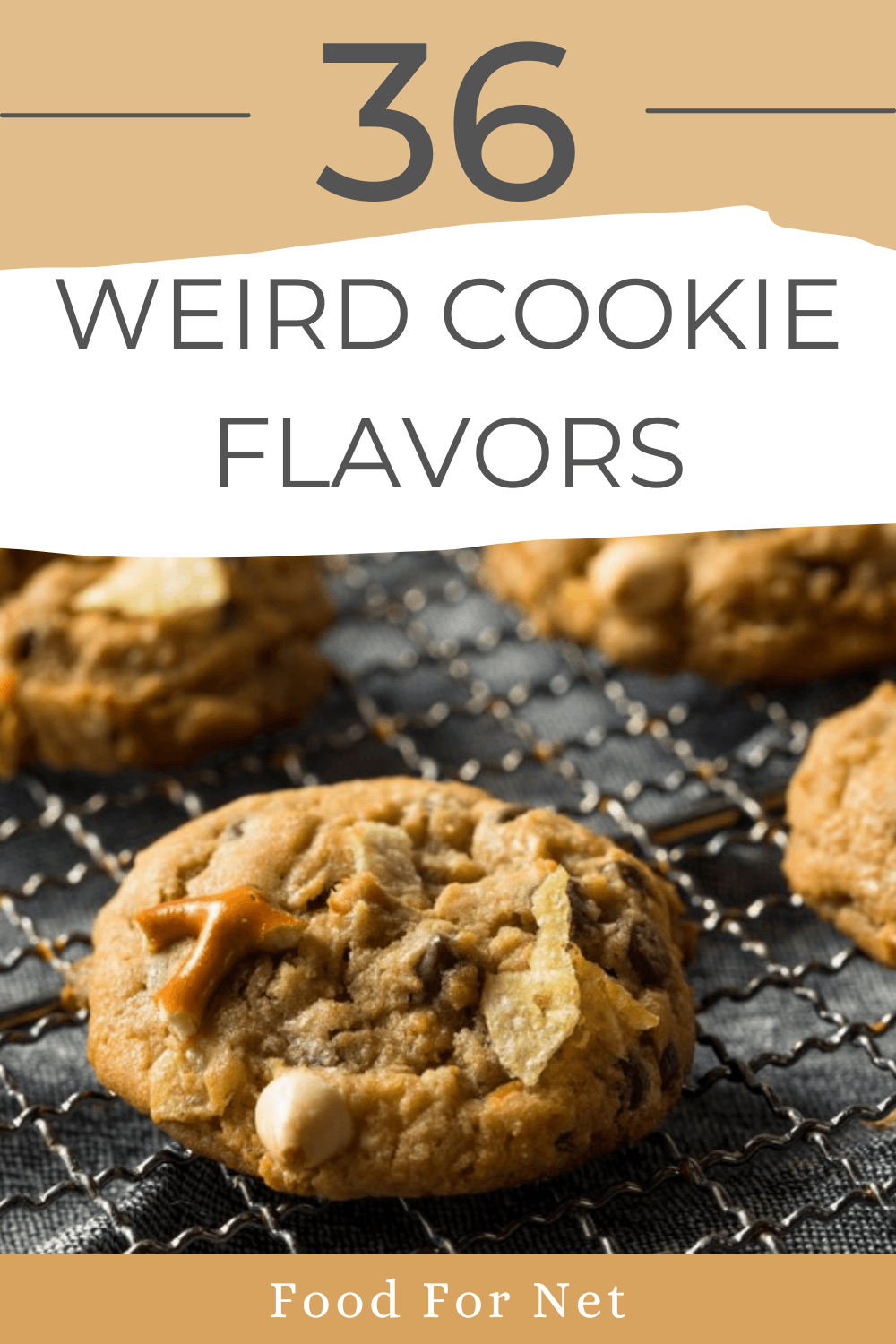 A wire frame with fresh cookies that are cooling, looking at weird cookie flavors