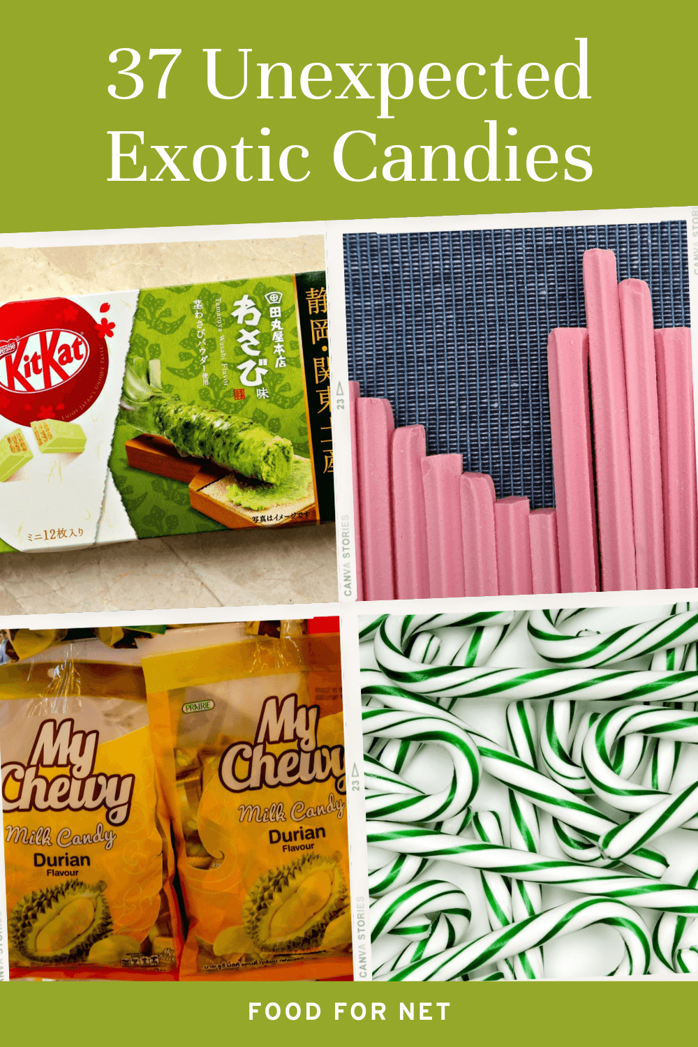 Four different unusual or exotic candies, including musk sticks, pickle candy canes and wasabi KitKats