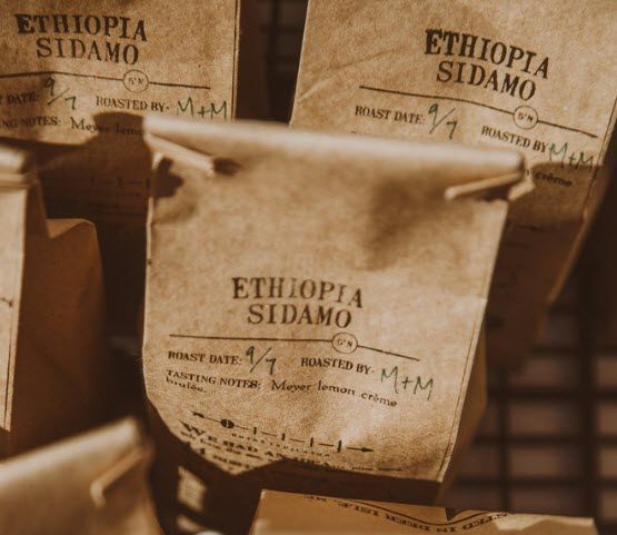 Bags of Ethiopian roast coffee