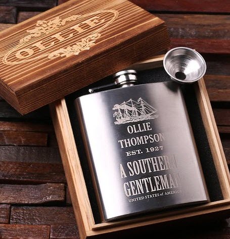 7-Ounce Stainless Steel Flask | Food For Net Stainless steel flask engraved with a ship and text in a wooden gift box.