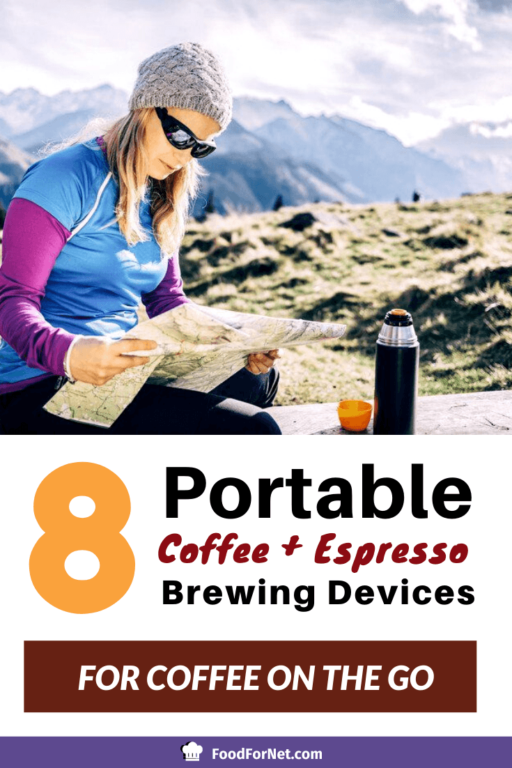 woman reading map on a road trip and hike drinking a cup of coffee from a portable coffee brewing devices