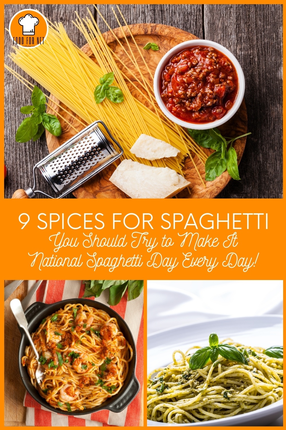 photo collage of a couple of beautifully plated spaghetti dishes, and one with spaghetti sauce, raw spaghetti, cheese, basil leaves, and cheese grater, on a circular wooden platter resting on a wooden surface