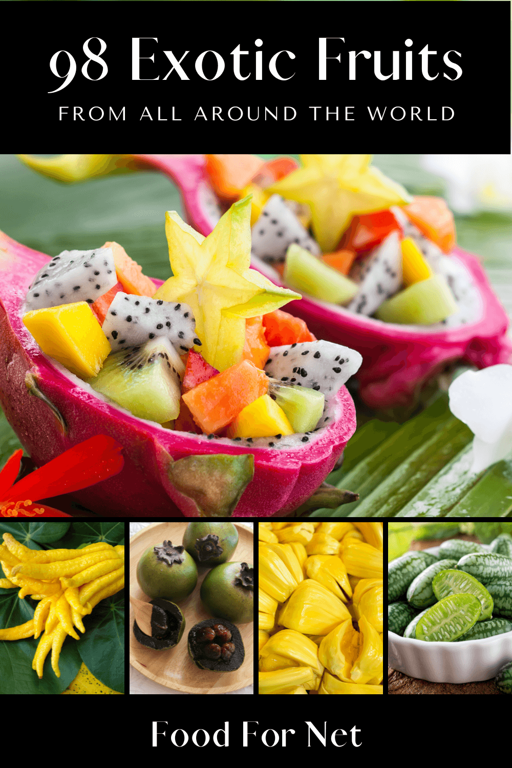 A large selection of exotic fruit, including dragon fruit, Buddha's Hand, black sapote, and jackfruit