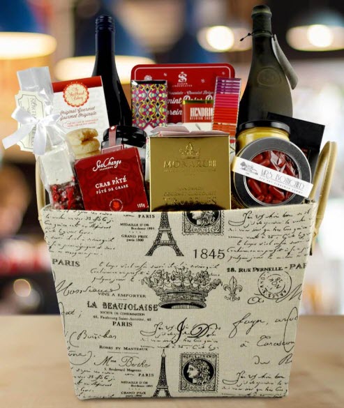 A Christmas In France Gift Basket | Food For Net French-themed box with snacks and wine.