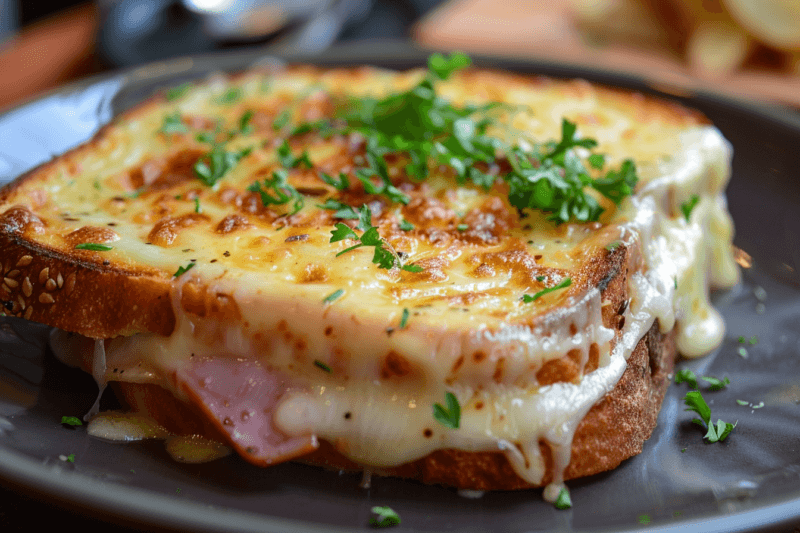 A delicious freshly made Croque Monsieur sandwich with fresh herbs as a garnish.