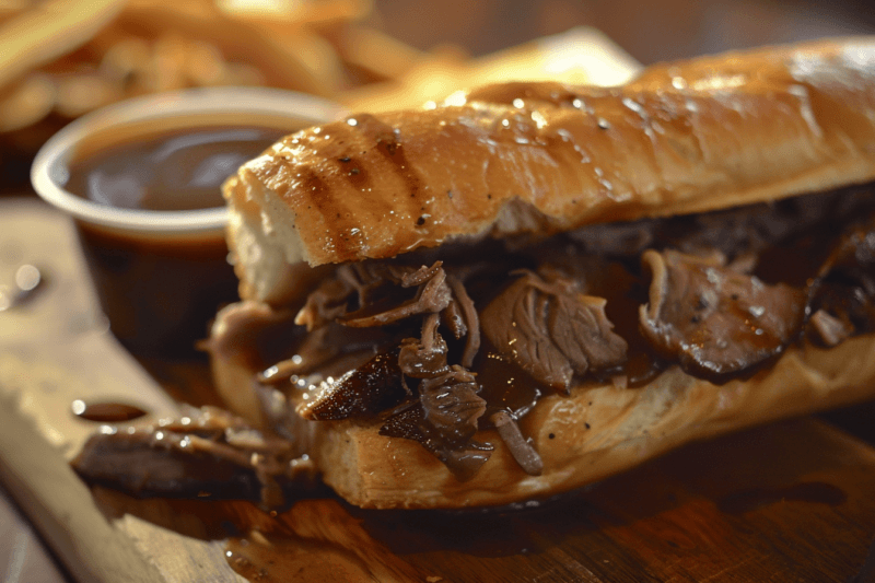 A large French dip sandwich on a hoagie, next to a small dish of dip. 