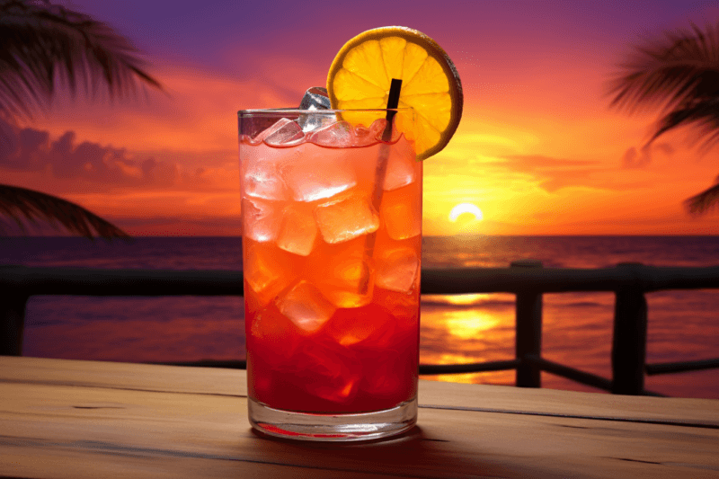 A Malibu sunset cocktail on a wooden table with ice and a slice of lime, in front of a beautiful sunset