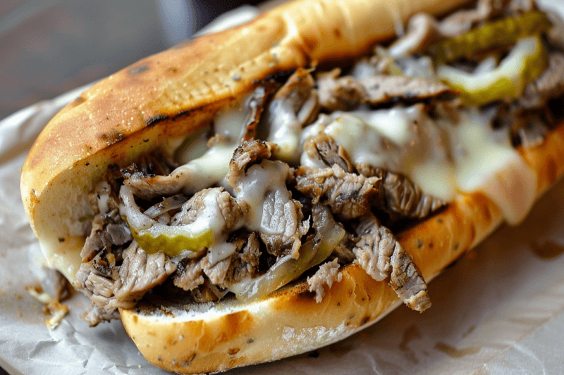 A large Philly cheesesteak sandwich with plenty of sliced beef and cheese.