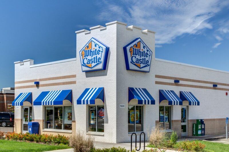 A White Castle fast food joint with blue skies and light cloud