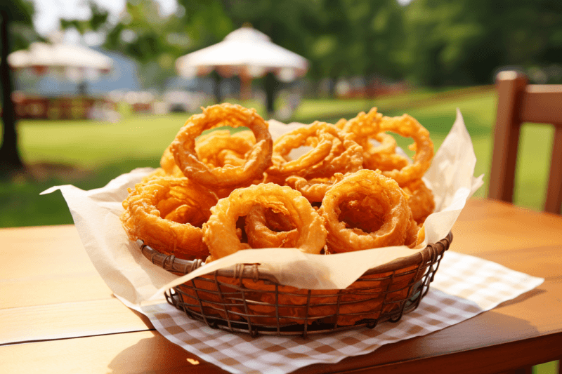 A basket of crispy onion rings on a picnic table in a park.