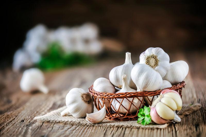 A basket of garlic with more garlic in the background out of focus