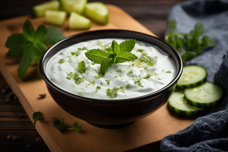 A large black bowl containing a yogurt, cucumber, and mint meal, with cucumbers and mint on the board