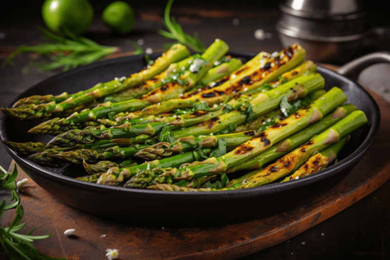 A large black dish containing grilled asparagus that could be served as part of a meal