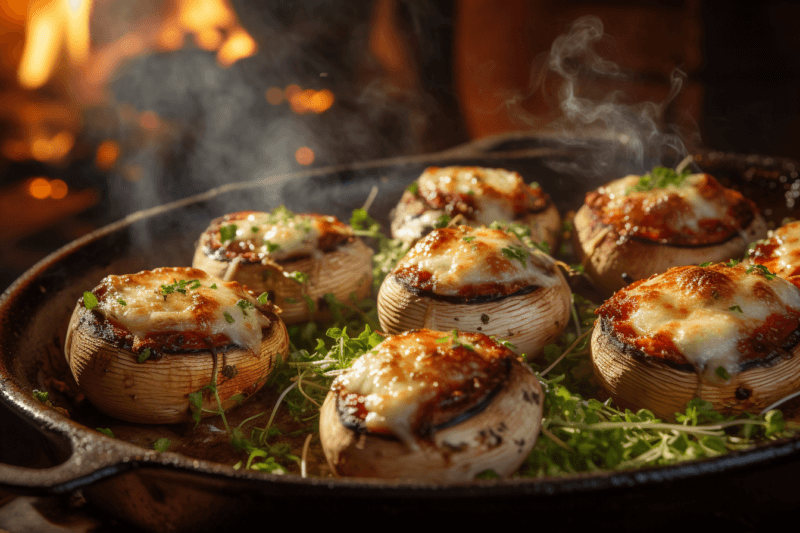 A black frypan containing freshly cooked mushrooms that have been stuffed with cheese. There is a roaring fire in the background.