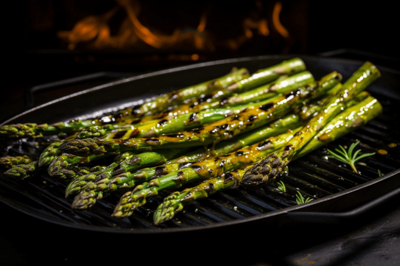 A large black pan with grilled asparagus, with some flames in the background