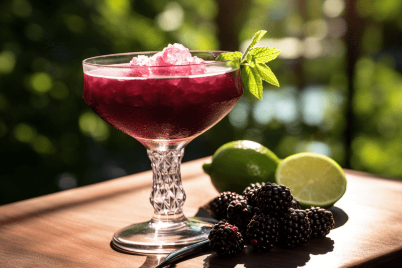 A single blackberry margarita cocktail outside on a table, next to limes and blackberries