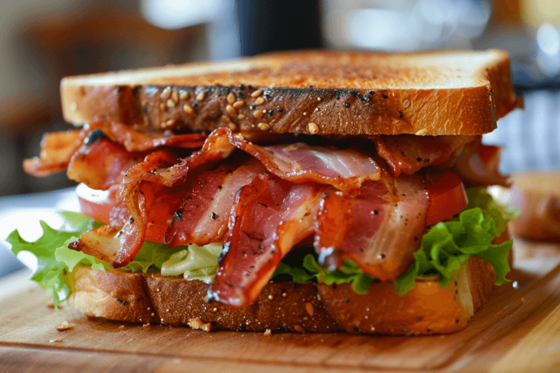 A grilled bacon, lettuce, and tomato (BLT) sandwich on a wooden board. 