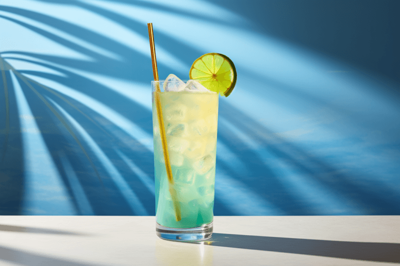 A glass containing a blue Hawaii cocktail with a straw and a circle of lime on a table, with blue and white shadows in the background