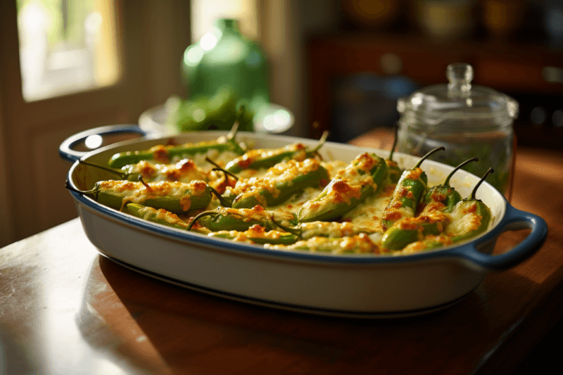 A wooden table with a large blue and white dish filled with jalapeno poppers, covered with cheese.