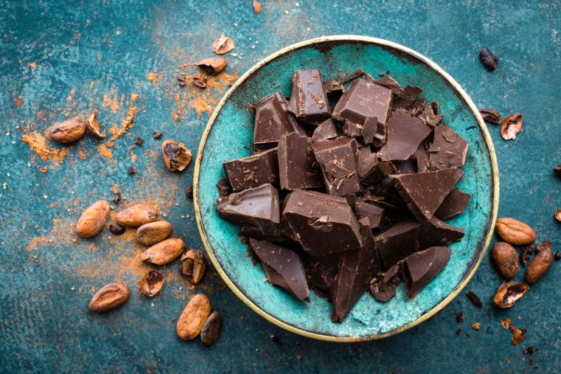 A blue bowl with pieces of dark chocolate on a table