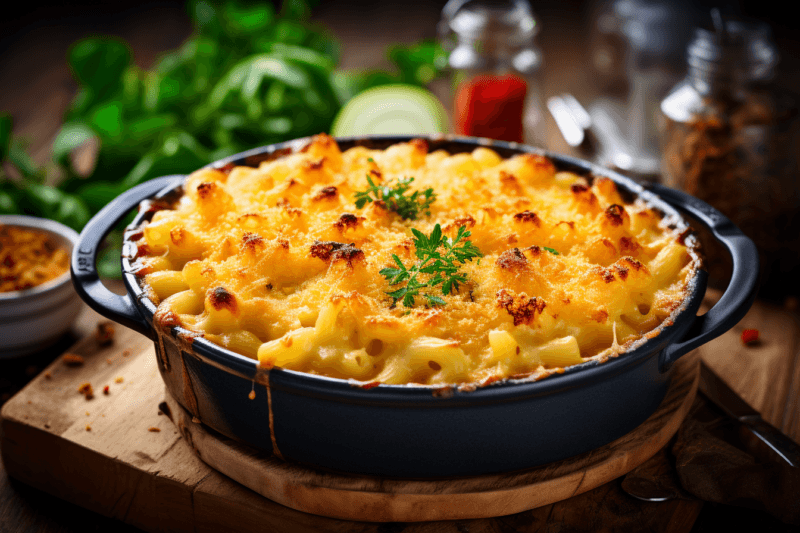 A large black casserole dish that contains baked macaroni cheese, with various seasoning ingredients and greens in the background.