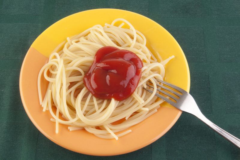 A boring plate of spaghetti with ketchup