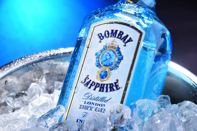 A bottle of Bombay Sapphire gin in a silver bucket of ice