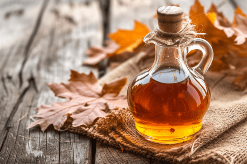 A bottle of maple syrup next to maple leaves on a cloth