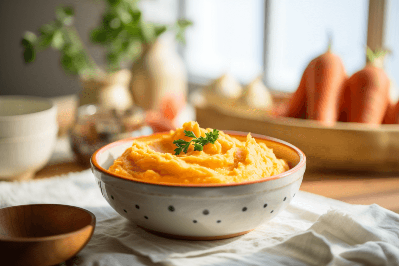 A table with a bowl containing mashed carrots, with more carrots in the background