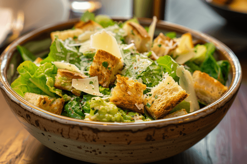 A large wooden bowl filled with a freshly made Caesar salad, complete with croutons and parmesan cheese.