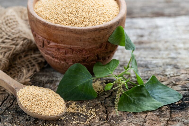 A deep wooden bowl of amaranth, next to a spoon with more seeds and part of an amaranth plant