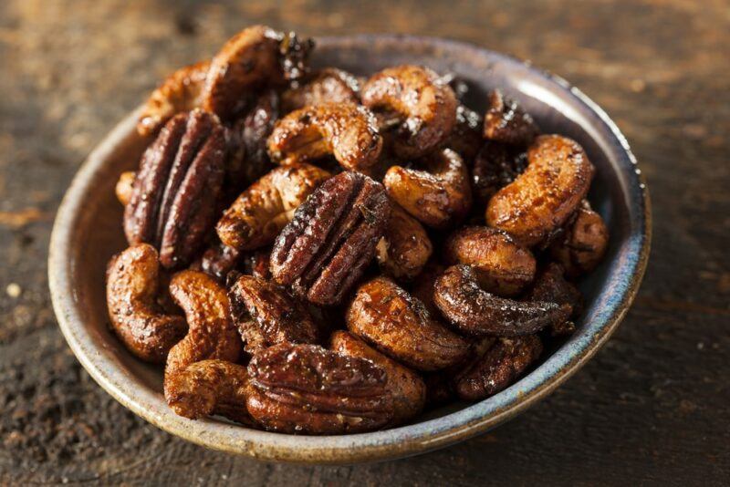 A small bowl containing candied nuts