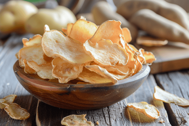 A bowl of dehydrated potatoes on a table with some potatoes in the background