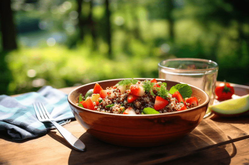 A wooden bowl containing a fresh quinoa salad on a picnic table outside