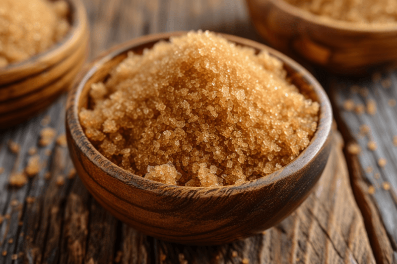 A dark wooden table with three bowls containing low carb brown sugar