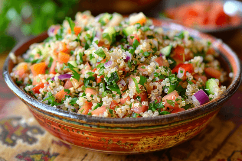 A large bowl containing quinoa salad on a table with ingredients in the background