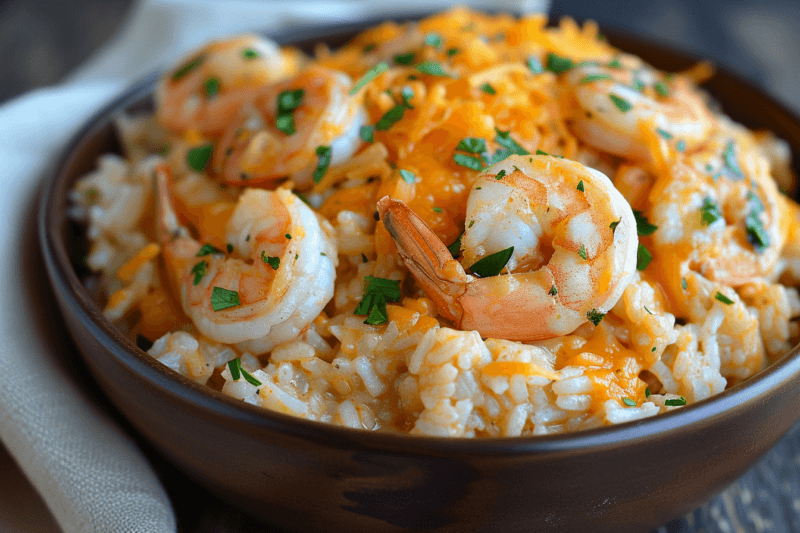 A black bowl containing rice, shrimp, and plenty of cheese.