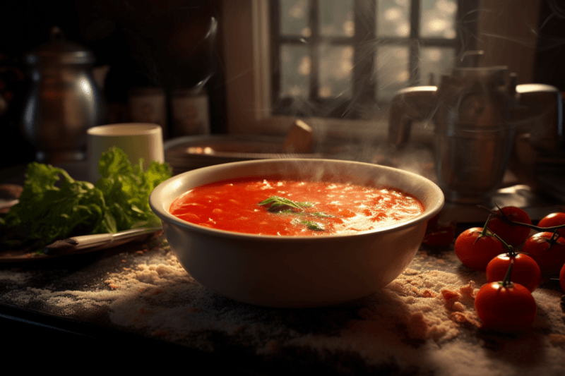 A large bowl of steaming tomato soup on a wooden table in front of a window.