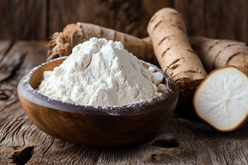 A dark wooden bowl containing tapioca flour with various cassava roots next to and behind it