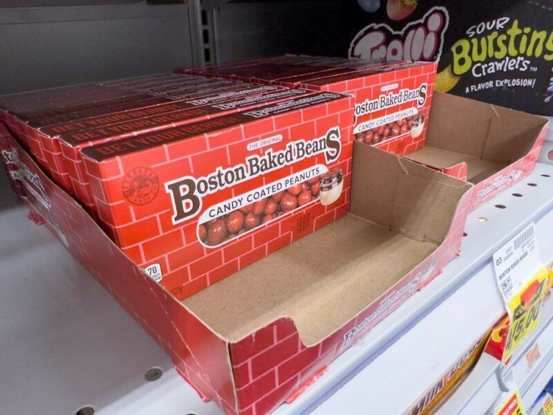 Boxes of Boston Baked Beans in cardboard packaging