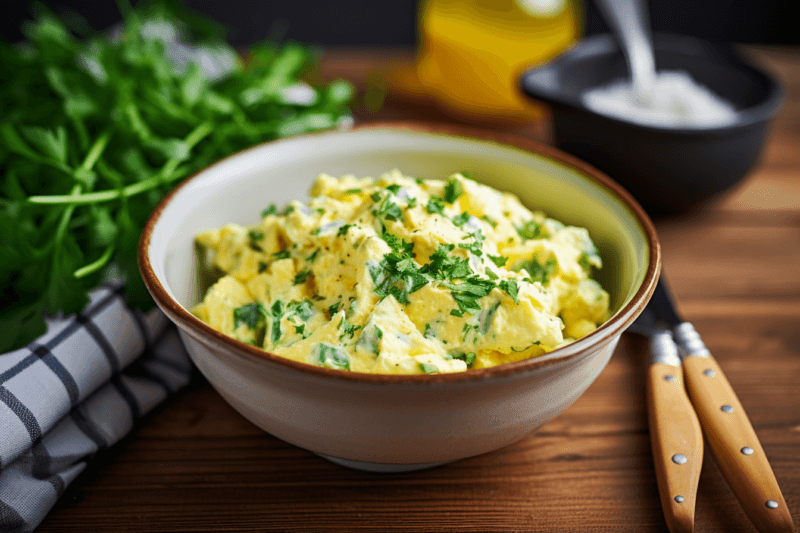 A large brown and white bowl of egg salad.