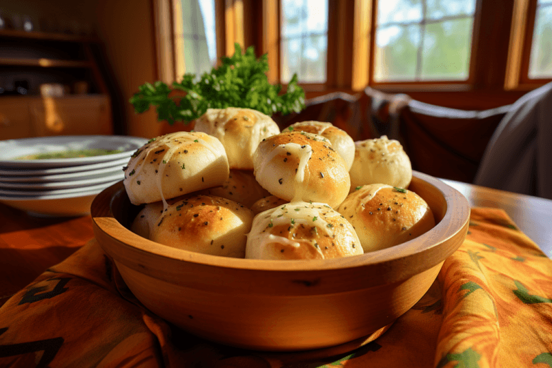 A wooden bowl containing freshly made garlic rolls with butter, on a kitchen table near a chair and a window