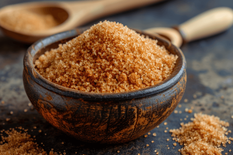 A brown bowl containing muscovado sugar, next to a couple of wooden spoons and more muscovado sugar on the table