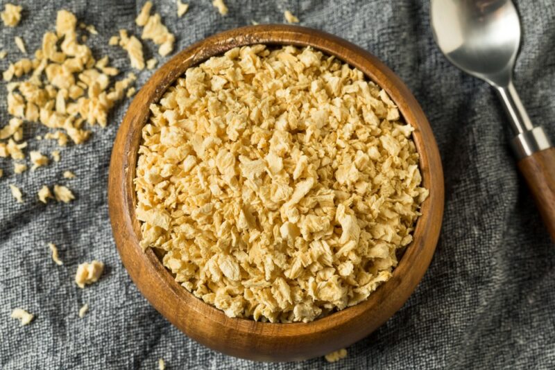 A brown bowl of textured vegetable protein