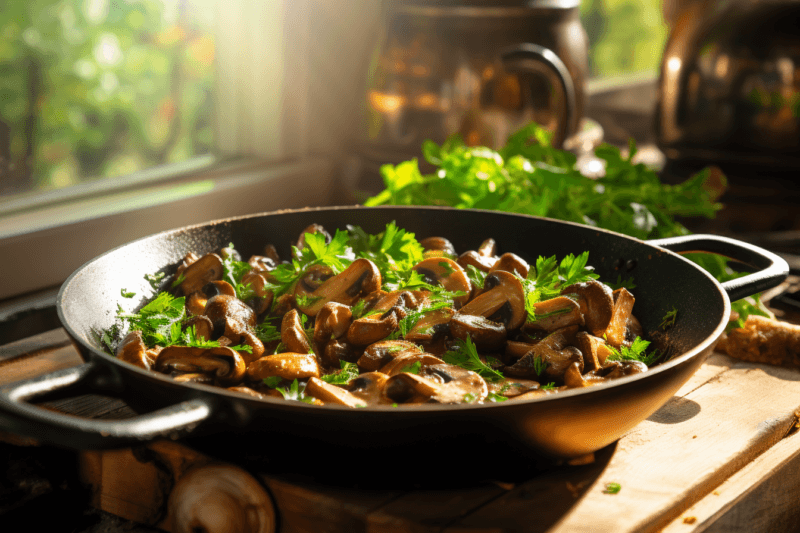 A large cast iron frypan with sauteed mushrooms and some greens, next to a window